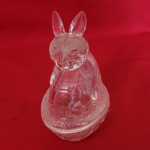 VTG Clear Glass Bunny Rabbit Nut on Nest Covered Trinket Oval Candy Dish Peach T